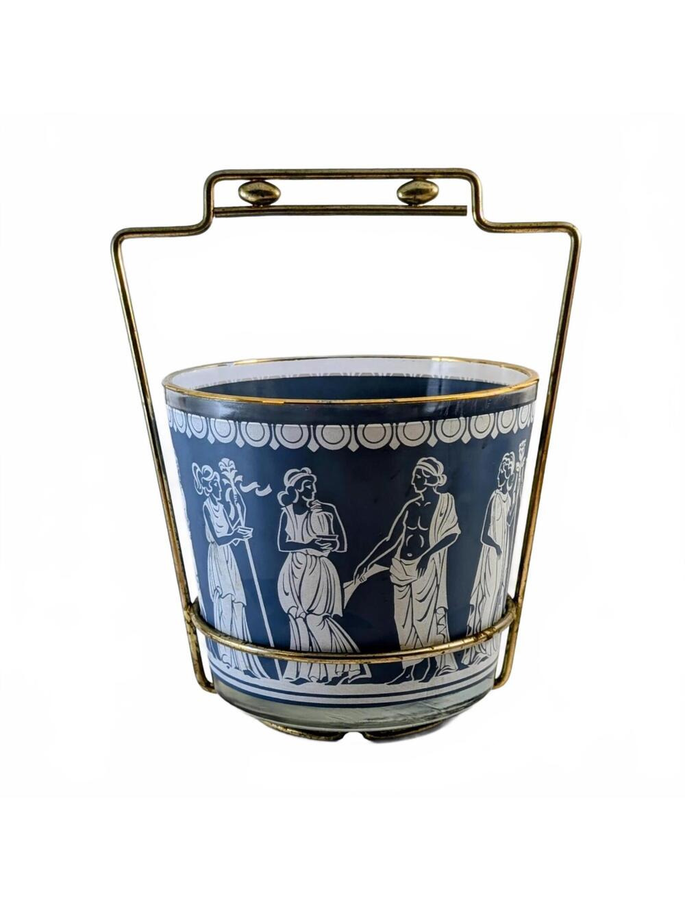 Vtg Jeannette Glass Hellenic Blue Ice Bucket, w/ Carrier